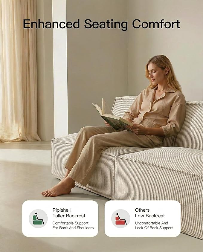 Pipishell Modular Sofa Cloud Couch with Deep Seat Corduroy Upholstered 2-Seater Couches for Living Room Bedroom High Back No Assembly Required (White)