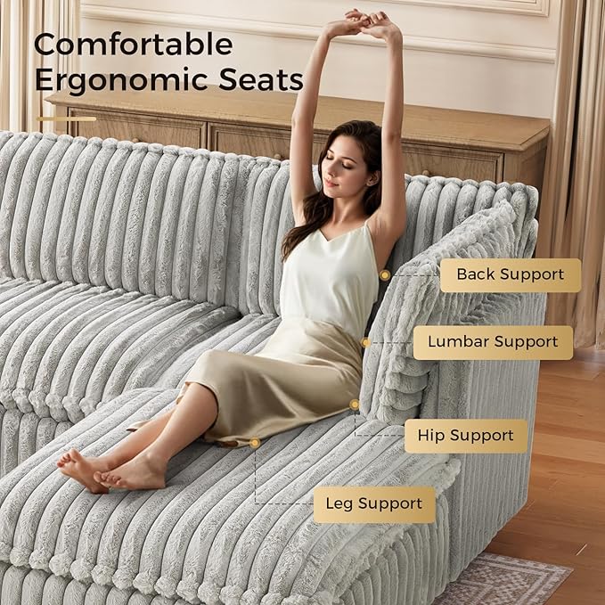 KKL Modular Sectional Couch for Living Room L Shaped Corduroy Couches with 1 Ottomans 4 Seater Oversized Sofa Soft Fabric Modern Sofa Grey