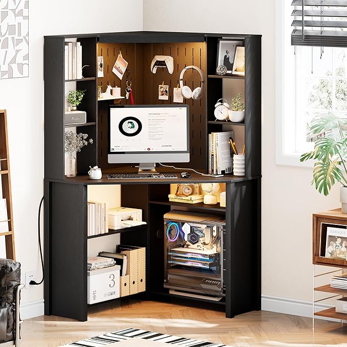 HNEBC Home Office Desk with Power Outlet &amp Chariging StationL-Shaped Corner Desk with Pull-Out LED LightsComputer Desk with Hutch &amp 10 ShelvesPegboards for Work &amp StudyBlack