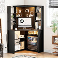 HNEBC Home Office Desk with Pull-Out LEDL-Shaped Corner Desk with LightsPower Outlet &amp Chariging StationComputer Desk with Hutch &amp 10 ShelvesPegboards for Work &amp StudyBlack