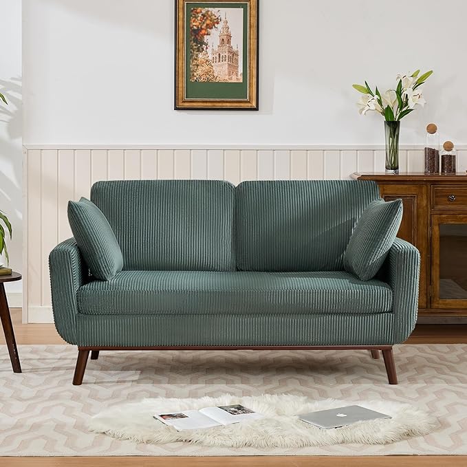 Kingfun 65 Corduroy Love Seat with Spring Cusions Mid Century Modern Loveseat Sofa for Livingroom &amp Bedroom Comfy Upholstered Small Couch Green | linen fabric button tufted solid wood foot