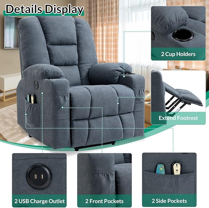 VIVIJASON Power Lift Chair Electric Recliner for Elderly Heated Vibration Massage Soft Fabric Recliner Chair with 2 Remote Controls USB Ports Side Pockets &amp Cup Holders for Living Room (Blue)