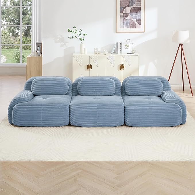 KEIKI 117 Oversized Corduroy Modular Sectional Sofa with High-Density Foam Cushions Curved Armrest Upholstered Modern Non-Slip Base Design 3-Seater Cloud Couch with 3 Pillow for Living Room Blue