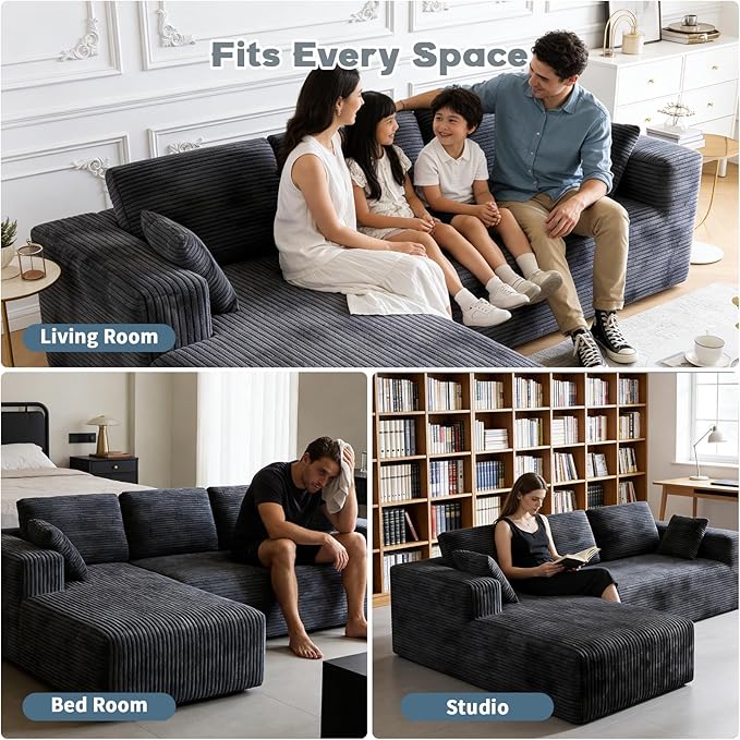 106 Corduroy Sectional Couch Boneless L Shaped Couch with Deep Seat Cloud Foam Sofa with Oversized Chaise Sectional Sofa No Assembly Needed for Living Room