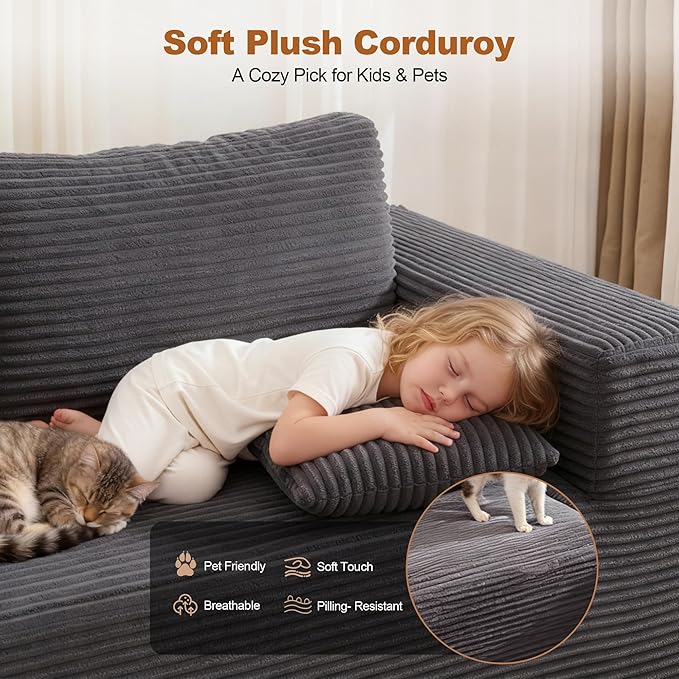 Modular Sectional Cloud Couch for Living RoomModern Boneless Couche Set with Plush CorduroyComfy Floor Sofa with Memory FoamStupendous U Shaped SofaNo Assembly RequiredGrey