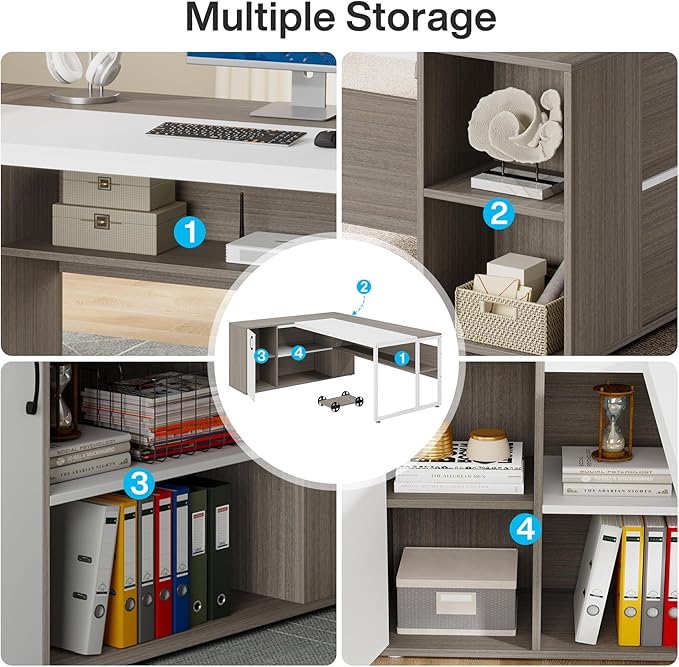 Tribesigns 71 inch Executive Desk L Shaped Desk with Cabinet Storage Executive Office Desk with Shelves Business Furniture Set Workstation for Home Office Gray and White