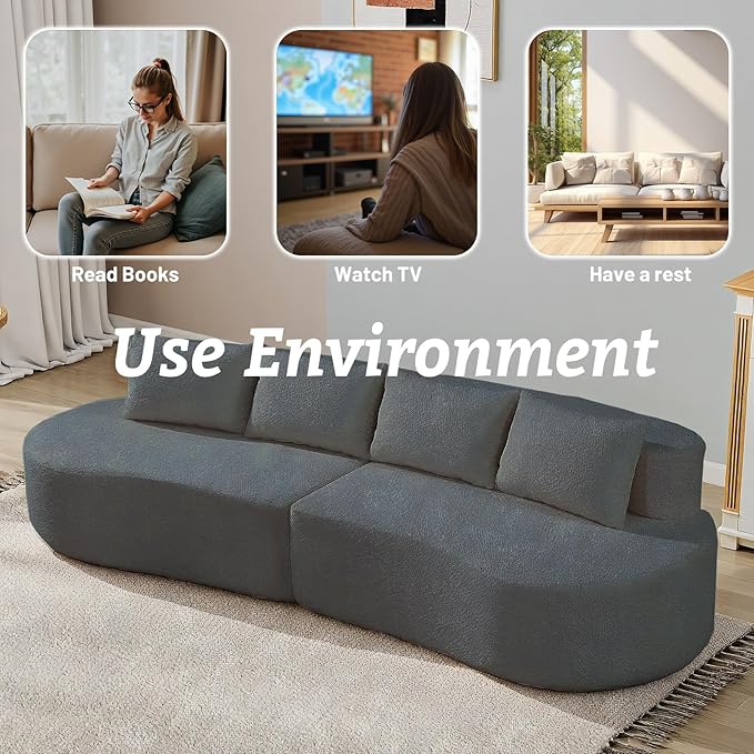 110 Boneless Arc Sectional Sofa 4-Seater-Cloud Couch Compressed in-2-Box Extra Deep Wide Seats for Apartment Living RoomTerry Cloth Fabric No Assembly Carbon Gray