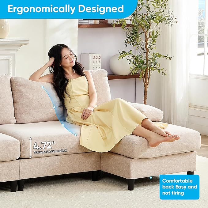 CECER 114” U-Shaped CouchLinen FabricLinen Fabric Modular Sectional Couches for Living Room/Apartment4 Seat Oversized SofaHigh Supportive&ampSoft Sponge(Beige)