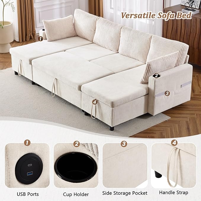 111.8 Sectional Sofa Pull-Out Sofa Bed with Double Storage Chaise Lounge Versatile Sofa Sleeper Couch with Cup Holders and USB Ports for Living Room Appartment Office (Beige-CF)