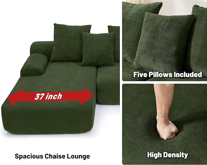 JOYBASE 110 Modular Sectional L-Shaped Cloud Couch Minimalist 4 Seat Couch with Deep Seat Left Facing Chaise for Living Room Office No Assembly Required (Green)
