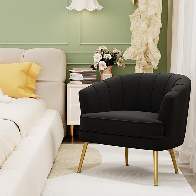 Velvet Accent Chair for Living Room Bedroom Office - Upholstered Single Sofa Arm Chair With Metal Legs - Comfy Reading Leisure Club Coffee Chair - Black