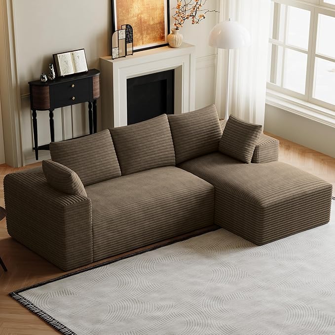 107 L-Shaped Boneless Sectional Couches for Living Room Comfy Corduroy Fluffy Cloud Couch Deep Seat Memory Foam Plush Modular Sectional Sofa with Right-Facing Chaise No Assembly Brown