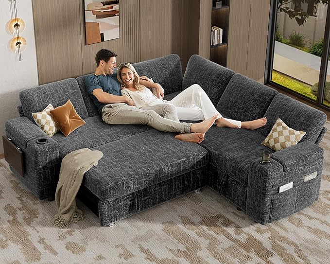 Vipbear 86 Modular Sectional Sleeper Sofa with Pull Out Bed 5 Seat Chenille L Shaped Couch with USB Ports|Cup Holders|Side Table|Storage Seat Armrests Tool Free Assembly Grey