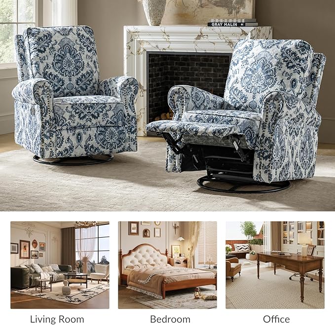 HULALA Home Modern Rocker Recliner Printed Fabric Swivel Glider with Adjustable Backrest &amp Footrest Comfy Upholstered Manual Recliner Chair Home Theater Singe Sofa for Bedroom Living Room Damas