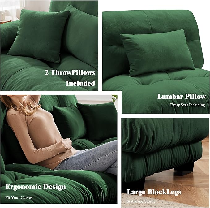 Oversized Modular Velvet Sectional Cloud Sofa Couch with Movable OttomanCorner Sofa with Comfortable Armrests Deep Seat Convertible L or U Shaped Couch (Dark Green 2 Seat +2 Ottoman)