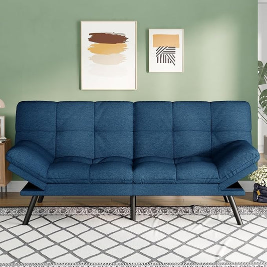 Opoiar Convertible Futon Sofa Bed71 Memory Foam Futon CouchDetachable CushionAdjustable Backrest &amp ArmrestLinen Modern Loveseat Sleeper Recliner for Living RoomOfficeApartmentRetro Blue