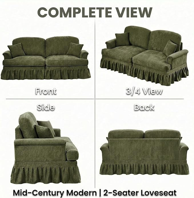 Casaphoria Mid-Century Modern Oversized Loveseat Sofa 2-Seater Chenille Couch with Removable Ruffle Skirt Flared Arms Spindle Legs &amp Throw Pillow for Living Room Apartment