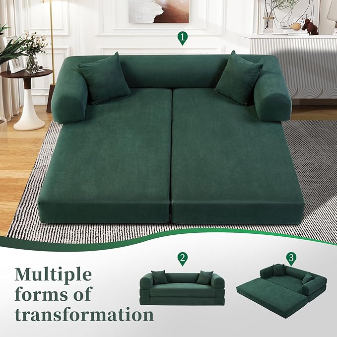 KBQ 3-Seat Convertible Sleeper Sofa Bed with 2 Pillows Corduroy Folding Mattress Couch Floor Sofa Lounge Couch for Living Room Bedroom Lounge Studio Deep Green