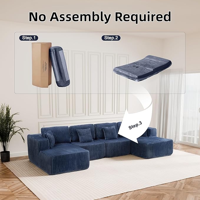 132 U Shaped Sectional Couch Large Modular Cloud Couches with Double Chaise Lounge Comfy Corduroy Cloud Sofa with Pillows Boneless Couches for Living Room Blue