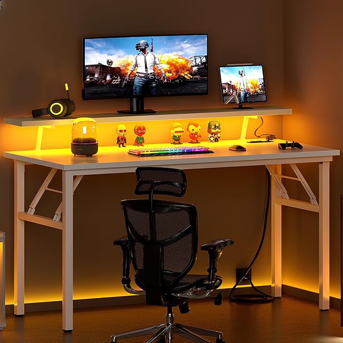 Need 47 Inch Folding Computer Desk with Power Outlets &amp Monitor Shelf Study Desk with Cup Holder Gaming Desk with Led Lights &amp Headphone Holder White