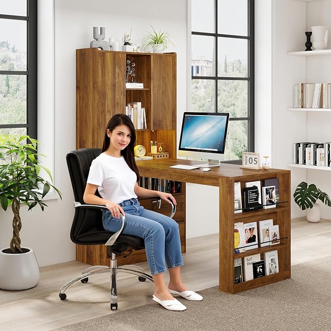 L Shaped Desk with Hutch and 2 Drawers Computer Desk with USB Ports Power Outlets &amp LED Light Wood Corner Computer Desk with Storage Shelves for Home Office Brown