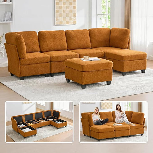 U Shaped Modular Sectional Sofa Couch with Storage Ottoman 6 Seat Convertible Upholstered Deep Seat Sofa with Chaise Lounge Comfy Cloud Couch for Living Room Orange