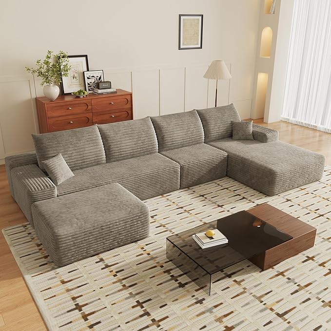 135 U Shaped Boneless Couch with Ottoman Convertible Sleeper Compression Sofa Corduroy Couch Sectional for Living Room Bedroom Deep Seat Foam Cloud Sofas No Assembly Right Facing Chaise Camel