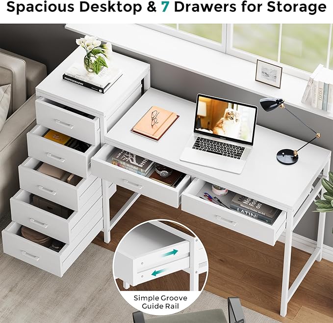 Computer Desk with Reversible Drawer 55 inch Home Office Desks with 7 Drawers Modern Compact Study Writing Table Workstation with Storage for Small Spaces All White