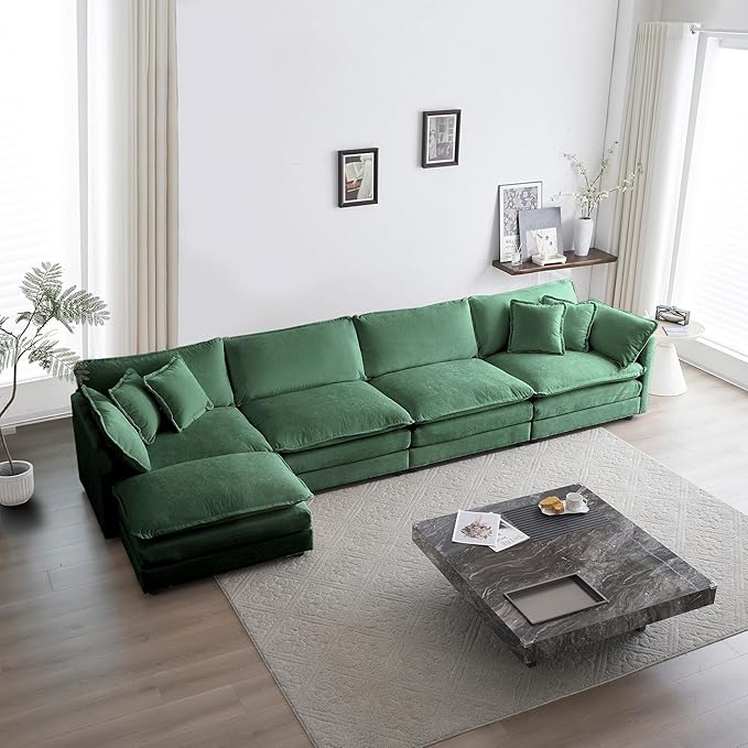 146.5 Modular Sectional Sofa 5 Seater L-Shaped Sectional with Ottoman and Pillows Modern Minimalist Soft Sofa &amp Couch for Living RoomGreen