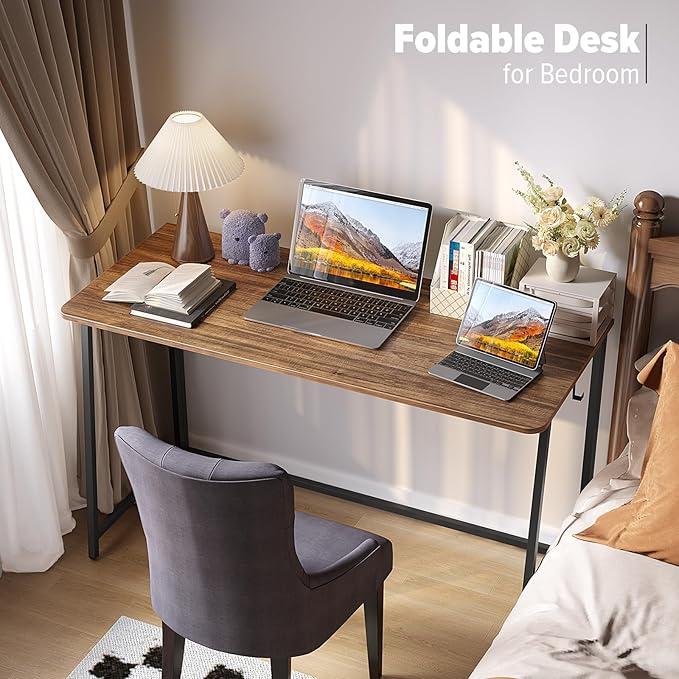 WOHOMO Folding Desk 47.2 Foldable Computer Desk for Bedroom Space Saving Computer Table Writing Workstation for Home Office Easy Assembly Walnut