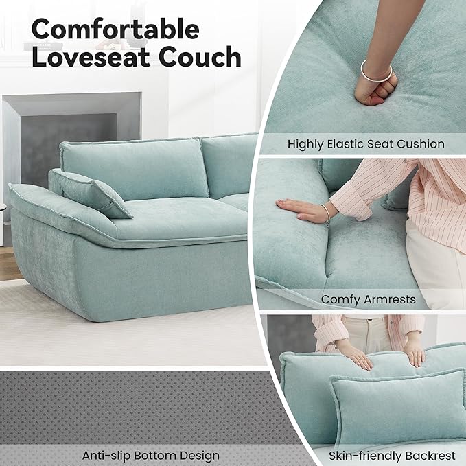 89 Cloud Boneless Loveseat Sofa Couch Deep Seat Love Seat Sofa with Lumbar Pillow 2-Seater Compressed Couches for Living Room Chenille Blue