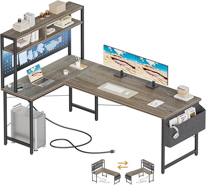 Mericonia 59 inch Large L Shaped Desk with Pegboard Hutch &amp Shelves Corner Gaming Desk with Power Outlet LED Light &amp Storage Bag Reversible Computer Desk for Home Bedroom Office Workspace