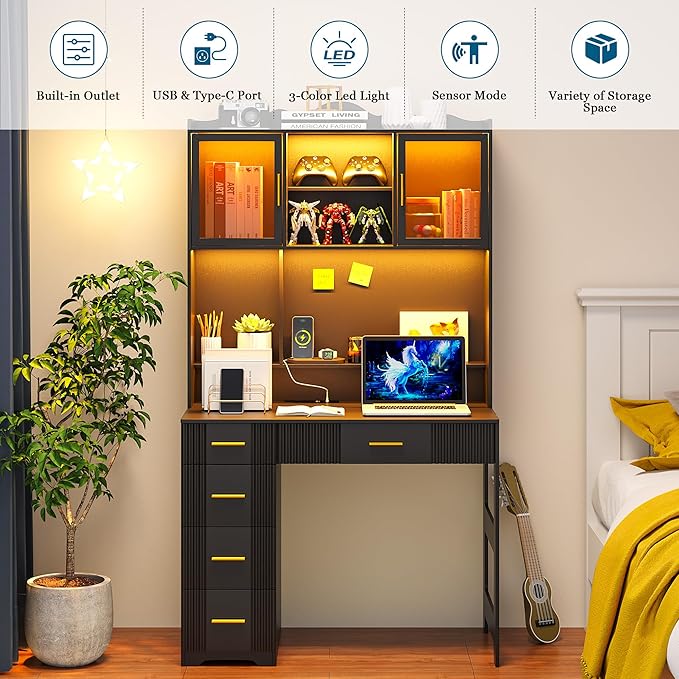 LED Study Desk with Hutch and Drawer Home Office Desk with Outlet Computer Desk with Charging Station Writing Desk for Bedroom Workstation for Small Space (Black)