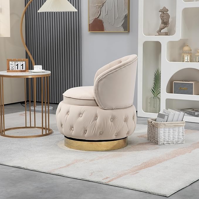 Swivel Barrel ChairVelvet Swivel Accent Chairs Modern Round Storage Small Chairs 360 Degree Upholstered Swivel Boucle Chair for Living Room Bedroom（Beige）
