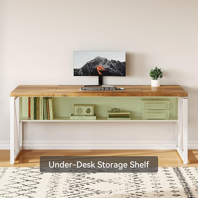 LITTLE TREE 63-Inch Executive Office Desk Large Computer Desk with Storage Shelf Executive Desk with Metal Frame Thickened Desktop Study Writing Desk Work Station for Home Office Rustic + White