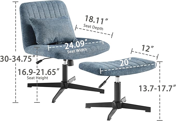 Art Leon Desk Chair No Wheels - with Ottoman and Lumbar Pillow Armless Office Chair No Wheels Criss Cross Chair Modern Swivel Height Adjustable Wide Seat Computer Task Vanity Chair Indigo Linen