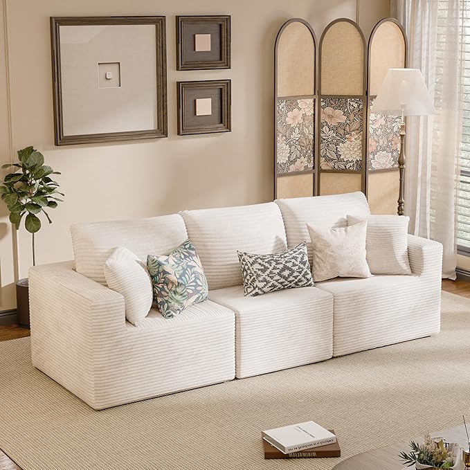JUMMICO Boneless Couch with Deep Seat and Ottoman Modular Sectional Sofa with Body Support Corduroy Couches for Living Room Apartments Bedroom No Assembly Required (Beige Three Seater)