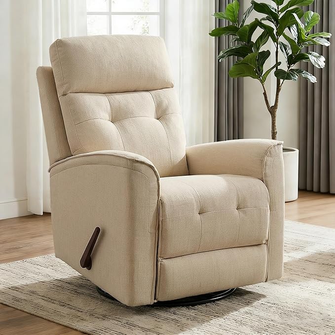 360° Swivel Manual Recliner Nursery Recliner Chair with Lumbar SupportRocker Recliner Chair for Adults Small Recliner for Living Room Bedroom Nursery Chenille Beige