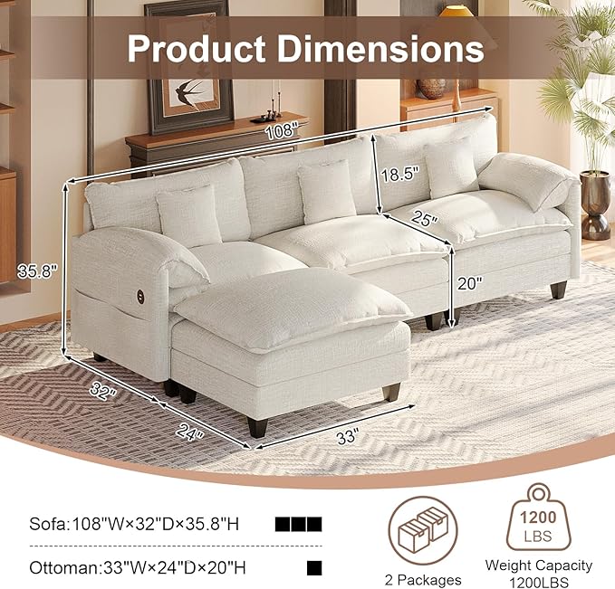 108 Modular Sectional Sofa with Movable Ottoman Plush Double-Layer Cushion Cloud Couch with USB Charging Ports &amp Side Storage Pockets Chenille L Shaped Modern Sofa Couches for Living Room Whit
