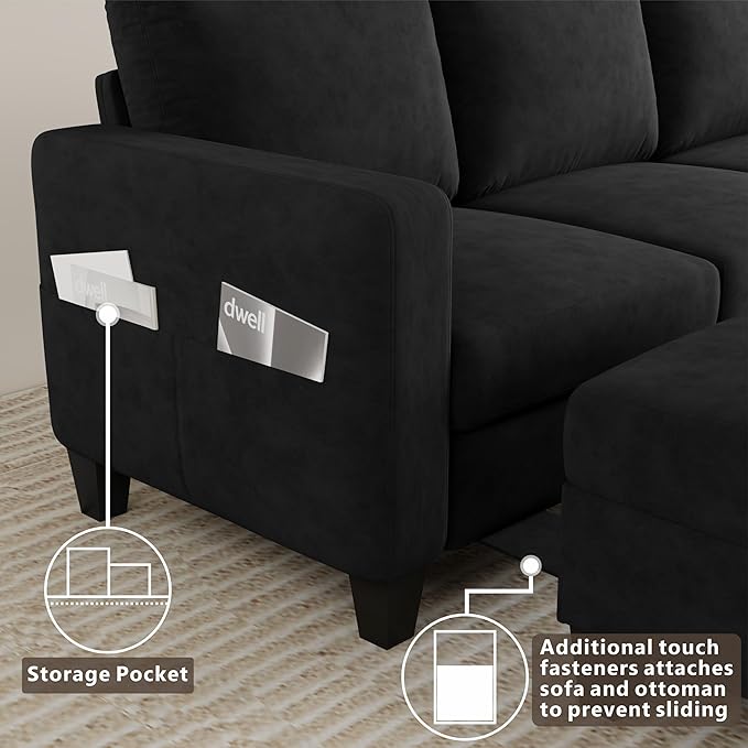 Sectional Sofa and Couches for Living Room 78'' Black 3 Seat L-Shaped Couch with Movable Ottoman Comfy Velvet Convertible Sectionals Sofas with Chaise for Apartment Dorm Small Space