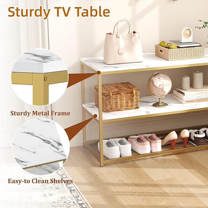 Function Home TV Stand for TVs up to 50 Inch 2 Tier Entertainment Center Modern TV Cabinet with Marble Top and Gold Metal Base 42 Media Console Table with Storage for Living Room Bedroom