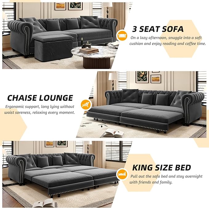 3-in-1 Pull Out Sofa Bed - 89 King Size Convertible Sleeper Sofa Large Velvet 3-Seater Sofa with Movable Ottoman Sleek Rivet Detailing Tufted Design Pull Out Couch (Gray)