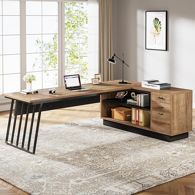 Tribesigns 71-Inch Executive Desk L-Shaped Desk with Cabinet Large Office Desk with Drawers and Storage Shelves Writing Table Computer Desk for Home Office Oak and Black