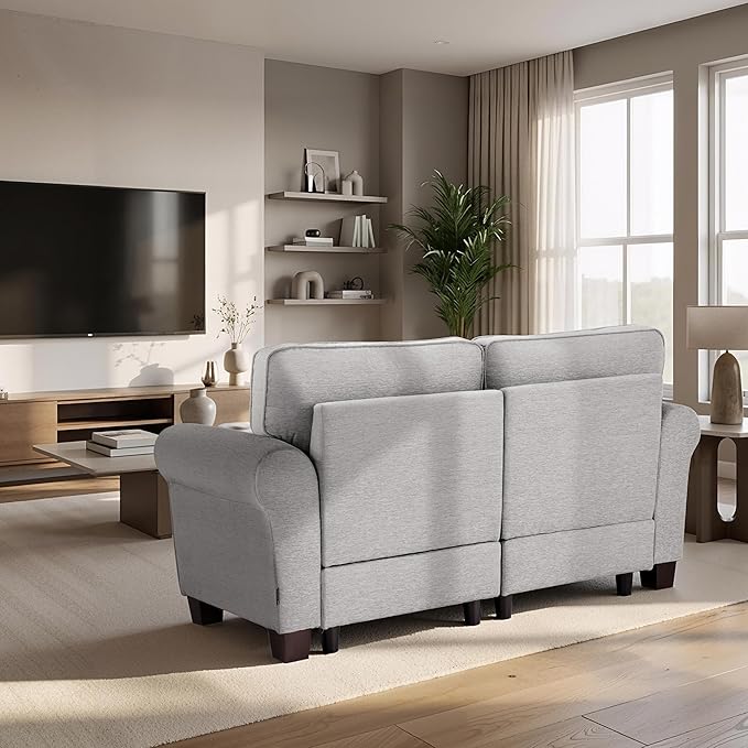 MCombo 67.7 Loveseat Sofa 2-Seater Small Couch for Small Spaces Classic Rolled Arm Upholstered Sofa with Solid Wood Legs for Living Room Removable Cover Chenille Fabric VE730 (Light Grey)