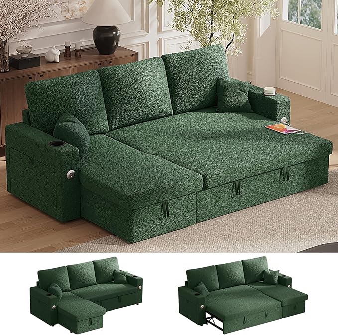 Sleeper Sofa Bed 4-in-1 Pull Out Couch with Reversible Chaise | Dual USB &amp Type-C Charging | Dual Cup Holders | Layered Storage (Armrest + Chaise) for Living Room (Classic Green)