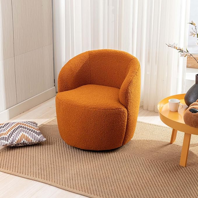 Swivel Barrel Chair Modern Style Comfy Backrest Teddy Round Swivel Chair for Living Room (Caramel)