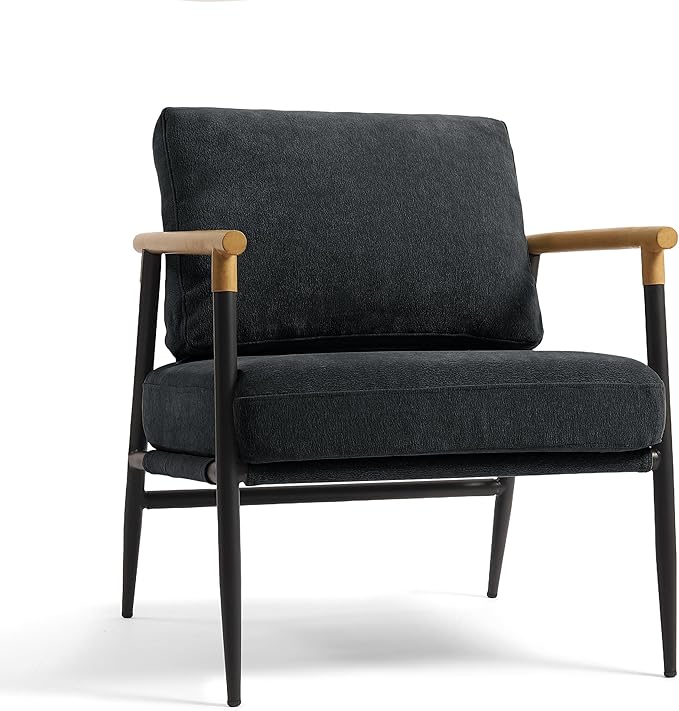 UIXE Metal Armchair Chenille Accent Chair for Living Room Modern Reading Arm Chair with Thicken Cushion - Black Set of 2
