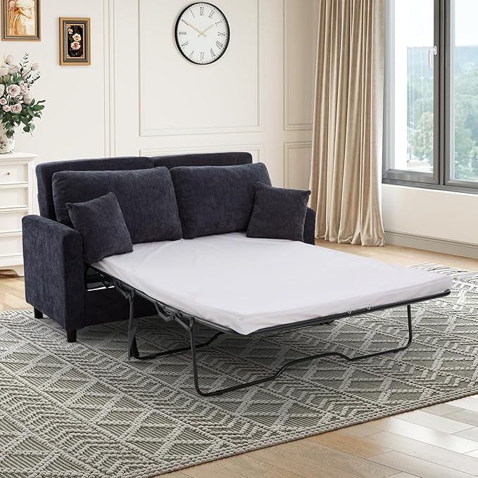 Antetek 72-inch Pull Out Sofa Bed with Mattress Convertible 2-in-1 Folding Full Size Chenille Futon Comfy Loveseat Sleeper Sofa Couch Bed with Square Arms for Guest Room Living Room Bedroom Grey