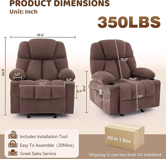 Massage Rocker Recliner Chair Ergonomic Rocking Recliner Sofa with Vibration Massage &amp Heat Reclining Fabric Nursery Chair for Living Room Lounge with 4 Pockets 2 Cup Holders Brown