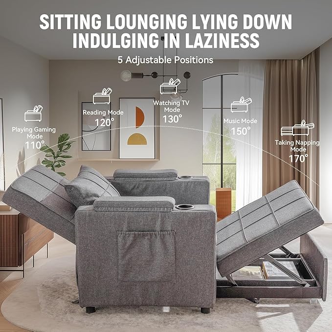 LUCKLIFE 3-in-1 Sleeper Chair BedPull-Out Convertible Sofa Bed Armchair with Cup HoldersSide Pocket and Under-Bed Storage for Living Room&ampBedroom (Grey)